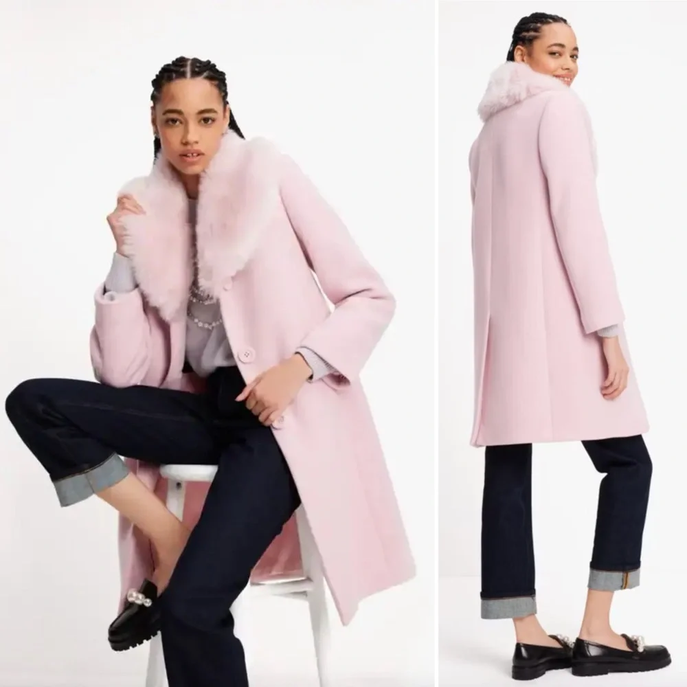 Kate Spade Faux Fur Lapel Wool Coat Pink - Picture 2 of 9